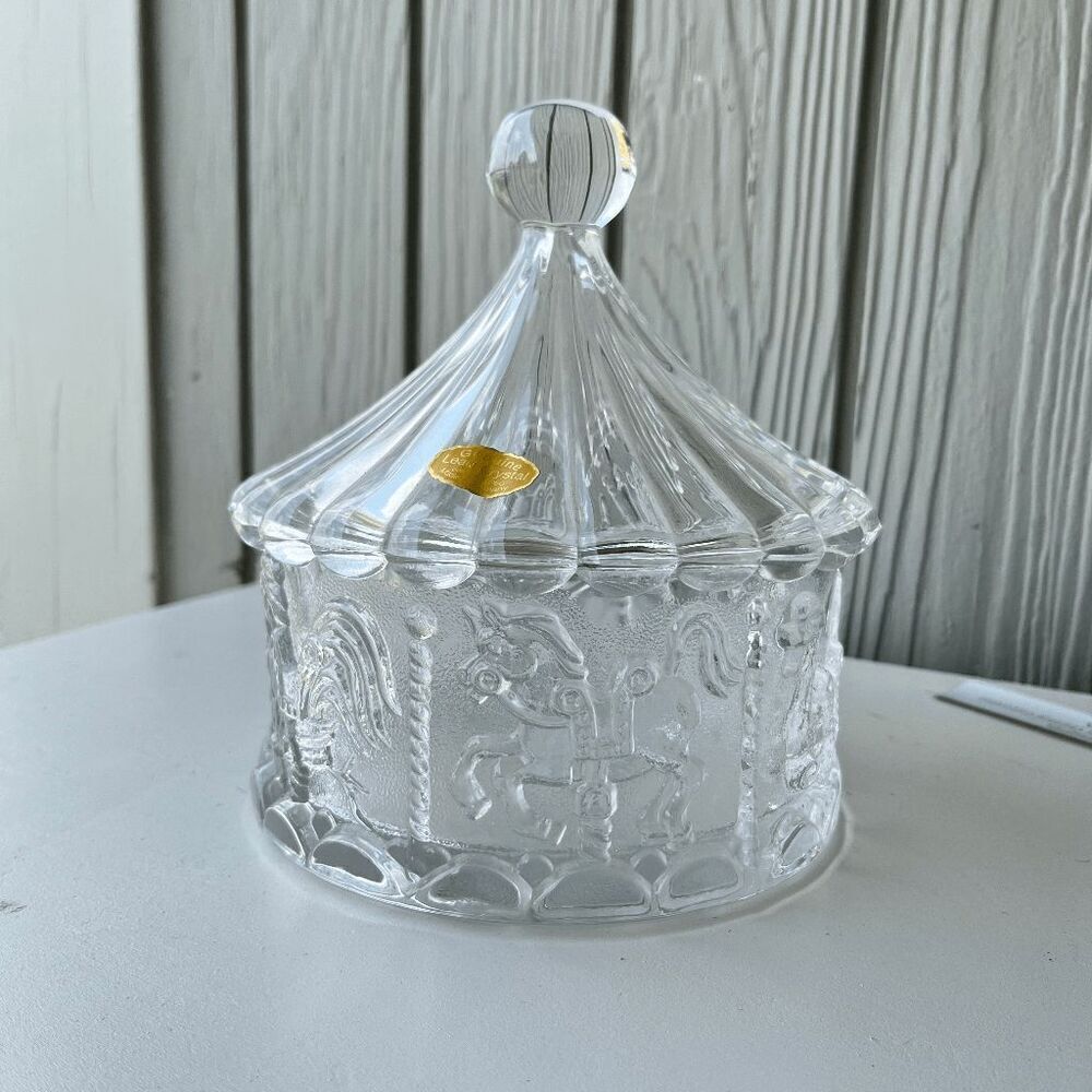 German Lead Crystal Carousel Candy Jar with Lid – 7"x6" – 24% PbO, 52 oz